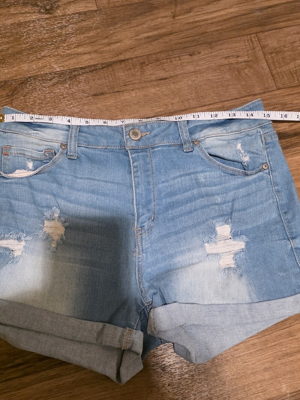 Light Blue Distressed Denim Cuffed Women's Shorts - Picture 3 of 4